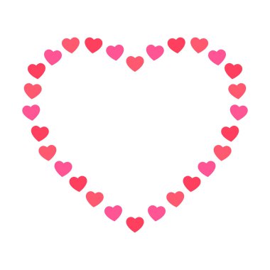 Kırmızı ve pembe kalplerden yapılmış bir çelenk. Boş fotokopi alanı olan kalpler. Sevgililer Günü tabelası. Beyaz arkaplanda izole edilmiş vektör.