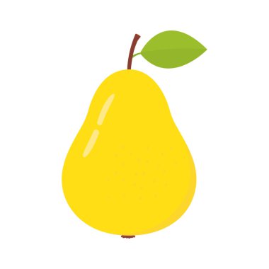 Sarı armut. Yeşil yapraklı, şirin, düz bir armut. Vektör beyazda izole edildi.