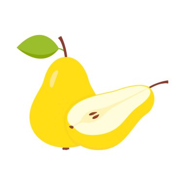 Sarı armut tam ve yarım. Yeşil yapraklı, şirin, düz bir armut. Vektör beyazda izole edildi.