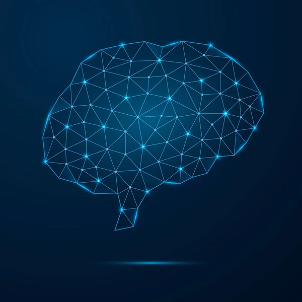 低聚光连通点的人脑 具有三角形蓝色形状的未来主义内部器官 在深蓝色背景上孤立的向量 — 图库矢量图片