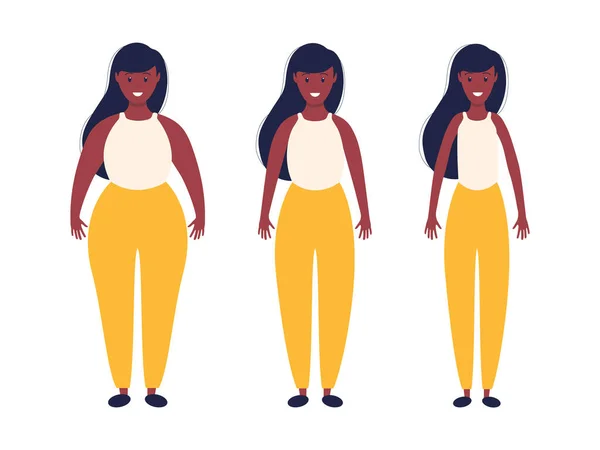 3つのタイプのアフリカの女性は脂肪 スリムで薄い図 変態は黒い肌のセットで別の女の子の体を処理します 白地に独立したベクトル図 — ストックベクタ