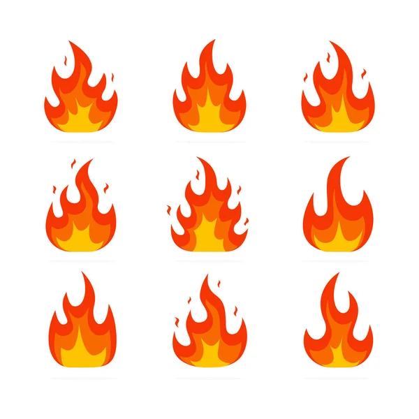 Fire Flames Set Bonfire Color Elements Collection Vector Isolated White — Stock Vector