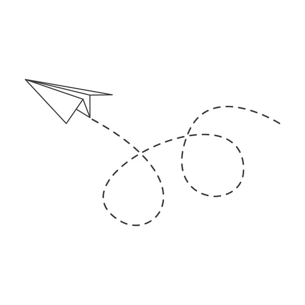 点線のルートを持つ紙飛行機 メッセージを送信線形倍面 白に隔離されたベクトル — ストックベクタ