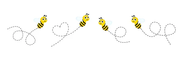 Lindos Personajes Abejas Conjunto Abeja Volando Una Ruta Punteada Aislada — Vector de stock