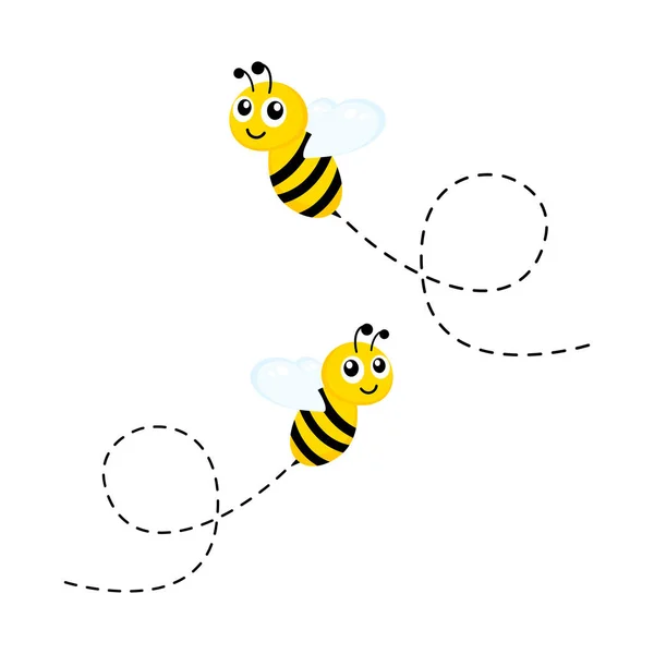 점선으로 날으는 귀여운 벌들은 행복하게 지낸다 흰색으로 — 스톡 벡터