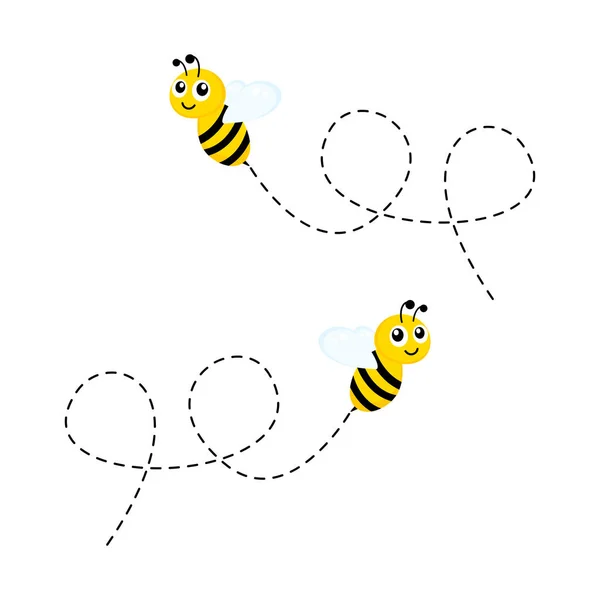 Voler Abeilles Mignonnes Avec Route Pointillée Bumblebees Heureux Ensemble Illustration — Image vectorielle