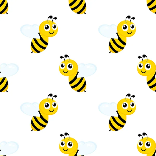 Летающие Счастливые Пчёлы Бесшовный Рисунок Черные Желтые Пчелы Белом Фоне — стоковый вектор