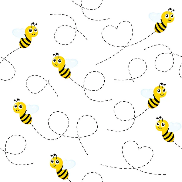 没有缝隙的图案 飞着快乐的蜜蜂 可爱的大黄蜂图案与虚线 在白色背景上孤立的向量图 — 图库矢量图片