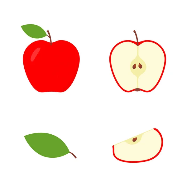 一套一半 整个红苹果 切碎新鲜切碎的苹果 在白色上隔离的病媒 — 图库矢量图片