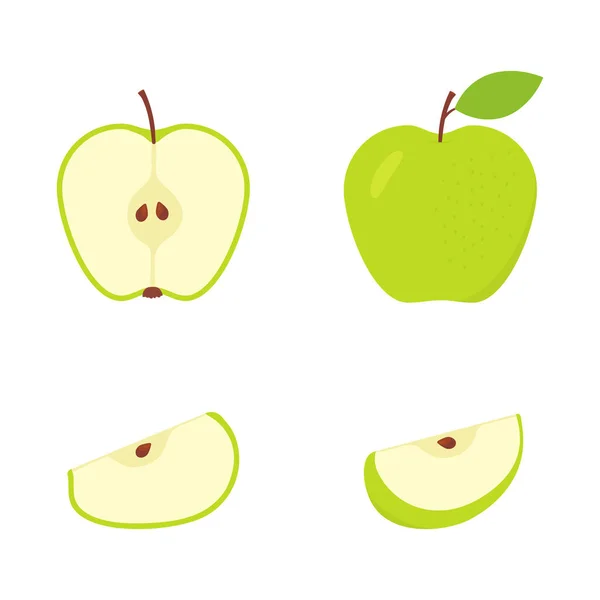 一套一半 整个是多汁的青苹果 精选新鲜切碎的苹果 在白色上隔离的病媒 — 图库矢量图片
