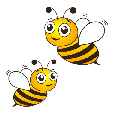 Şirin sarı arılar seti. Nazik gözlü mutlu arı karakteri. Vektör beyazda izole edildi.