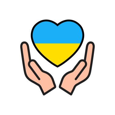 Ukrayna 'da barış için dua edin. Savaşı durdurun. Ukrayna bayrağı insan kollarında kalp şeklinde. Vektör illüstrasyonu beyaz arkaplanda izole edildi.