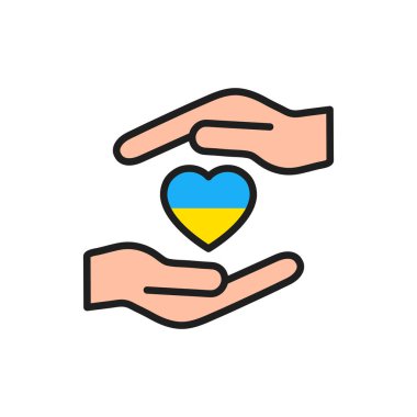 Ukrayna 'da barış için dua edin. Savaşı durdurun. Ukrayna bayrağı insan kollarında kalp şeklinde. Vektör illüstrasyonu beyaz arkaplanda izole edildi.