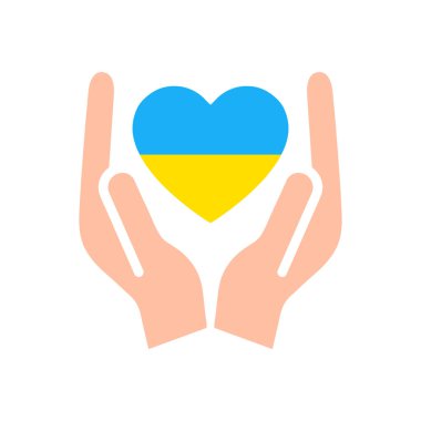 Ukrayna 'da barış için dua edin. Savaşı durdurun. Ukrayna bayrağı insan kollarında kalp şeklinde. Vektör illüstrasyonu beyaz arkaplanda izole edildi.