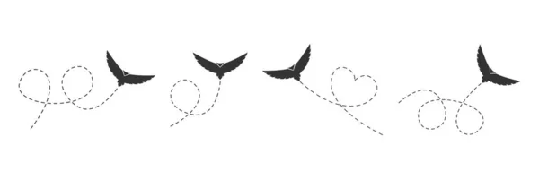 Ensemble Oiseaux Volants Oiseaux Noirs Volant Sur Une Route Pointillée — Image vectorielle
