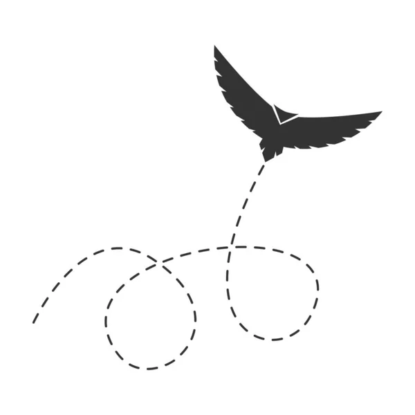 Летит Черная Птица Пунктирным Маршрутом Векторная Иллюстрация Изолирована Белом — стоковый вектор