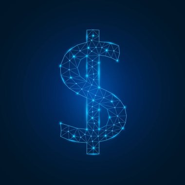 Düşük polimerli parlak noktalı dolar işareti. Üçgen mavi şekilli bir dolar sembolü. Koyu mavi arkaplanda izole edilmiş vektör.