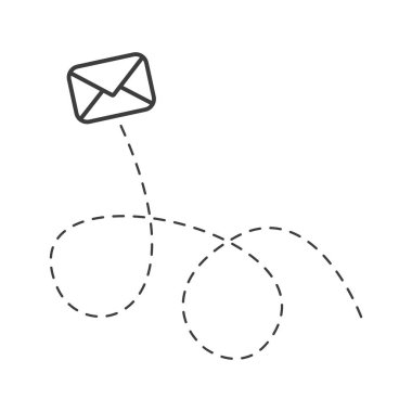 Noktalı yollu zarf. Uçan posta sembolü. İleti doğrusal işareti gönderiliyor. Vektör beyazda izole edildi.