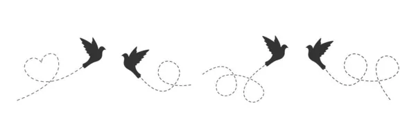 Oiseaux Avec Ligne Pointillée Groupe Oiseaux Volants Silhouettes Noires Vecteur — Image vectorielle