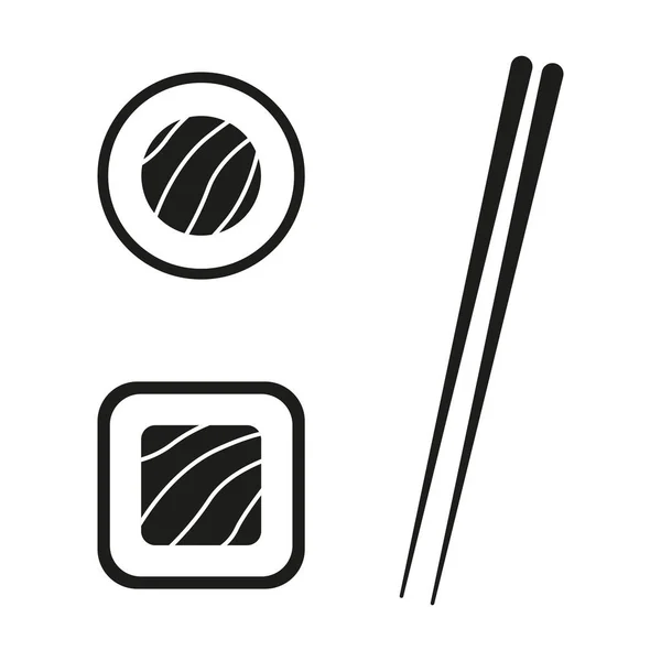 Chopsticks Sushi Piece Roll Sushi Utensil Black Silhouette Asian Seafood — Stock Vector