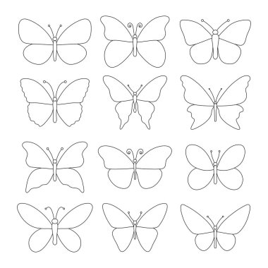 Kelebek hattı ayarlandı. Çeşitli kelebekler doğrusal şekiller koleksiyonu. Vektör illüstrasyonu beyazda izole edildi.