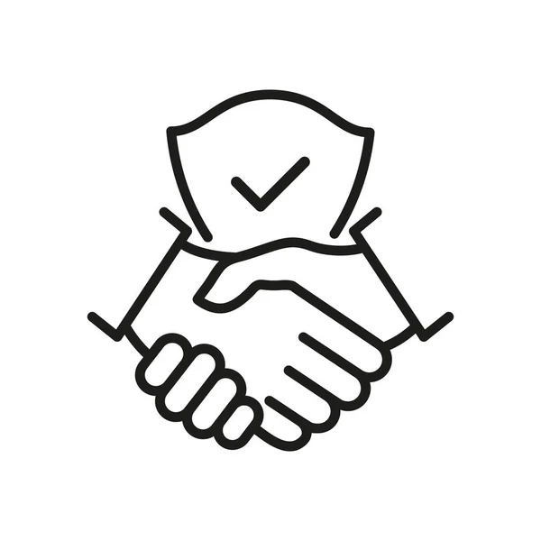 握手とシールドラインのアイコン チェックマークと国際協定の概念 世界のパートナーシップ リニア シンボル 白に隔離されたベクトル — ストックベクタ
