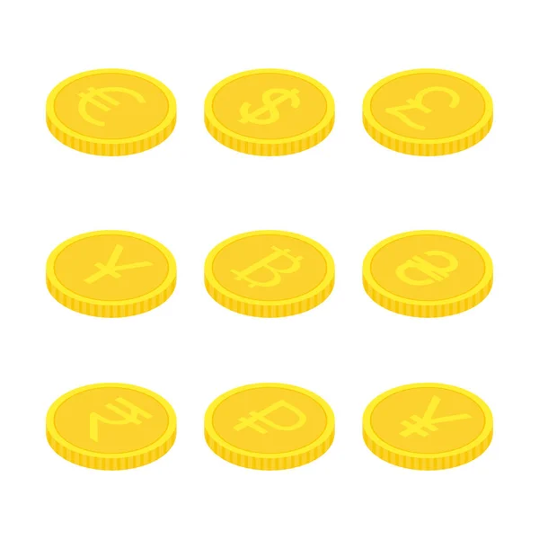 Set Golden Various Coins Currencies Symbols Isometric Style Payments Icons — Stockvektor