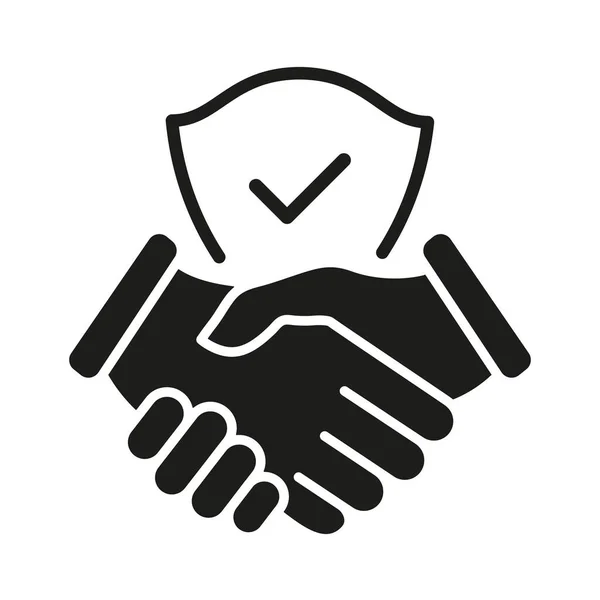 握手と盾のアイコン チェックマークとのビジネス契約と安全なサインを保護します 世界のパートナーシップのシンボル 白に隔離されたベクトル — ストックベクタ