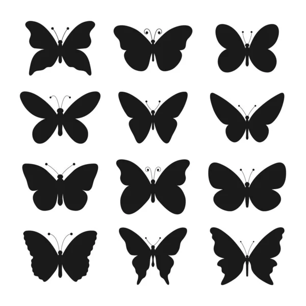 Pillangó Sziluettek Beállítva Különböző Pillangó Formák Gyűjtemény Fehér Alapon Izolált — Stock Vector