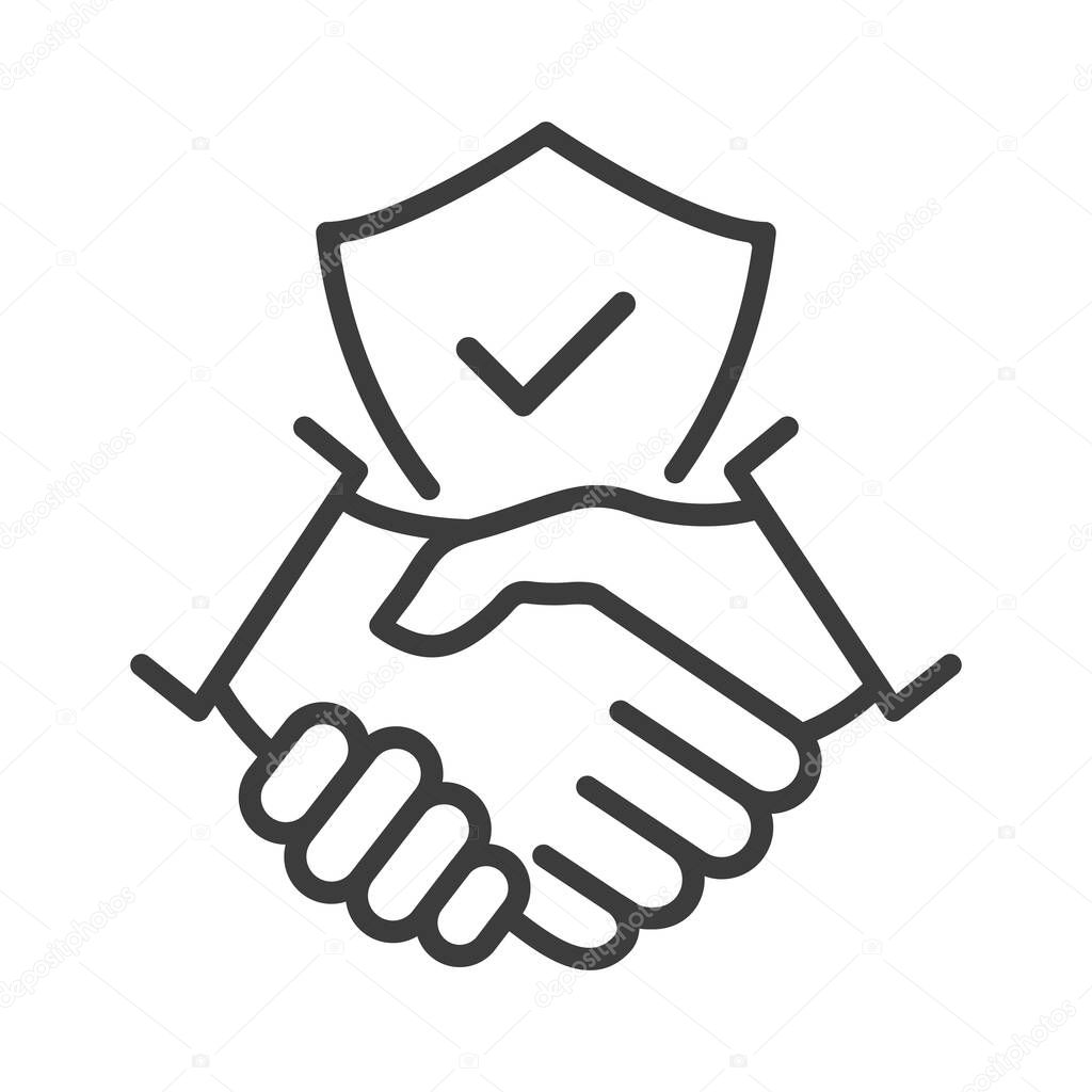 Handshake and shield icon. Business agreement with check mark and protect secure sign. World partnership symbol. Vector isolated on white.
