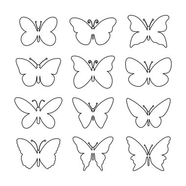 Kelebek hattı ayarlandı. Çeşitli kelebekler doğrusal şekiller koleksiyonu. Vektör illüstrasyonu beyazda izole edildi.