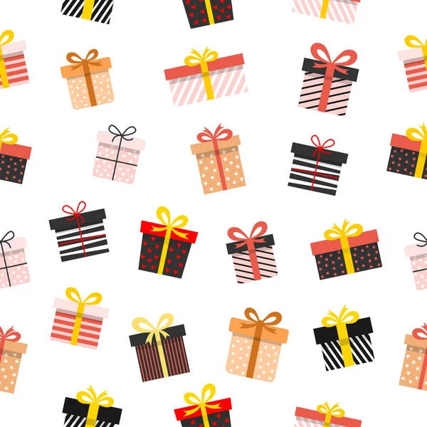 Hediye kutuları kusursuz desen. Renkli hediye koleksiyonu. Tatil duvar kağıdı. Vektör beyazda izole edildi.