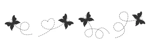 Butterflies Set Butterfly Silhouette Flying Dotted Route Beauty Insects Open — Vettoriale Stock