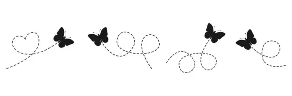 Butterflies Set Butterfly Silhouette Flying Dotted Route Beauty Insects Open — Stockvektor