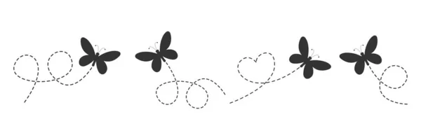 Butterflies Set Butterfly Silhouette Flying Dotted Route Beauty Insects Open — Vector de stock