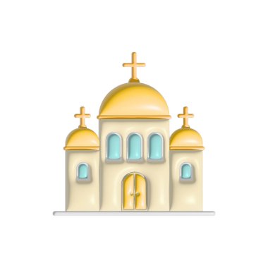 Kilise 3D ikonu. Güzel din inşaatı. Ön manzara. Plastik etkisi. Resim beyaza izole edildi.