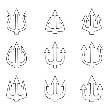 Üçgen çizgi ikonu hazır. Neptün silah koleksiyonu. Poseidon siyah çizgisel sembolü. Vektör beyazda izole edildi.