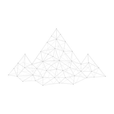 Bağlı gri noktalı dağ. Düşük çokgen elementli soyut dağlar. Beyaz arkaplanda izole edilmiş vektör.