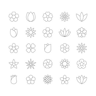 Çiçek çizgisi simgesi seti. Çiçekçiler ve mobil uygulamalar için moda çiçek sembolleri. Güzel doğrusal bitkiler. Vektör beyazda izole edildi.