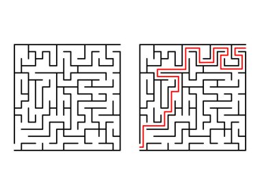 Labirent mantık oyunu seti. Kırmızı çizgi ipucu ile labirent meydan okuma. Doğru yolu bul. Çocuk kitapları ve dergileri için kare yapboz. Beyaz arkaplanda izole edilmiş vektör. 