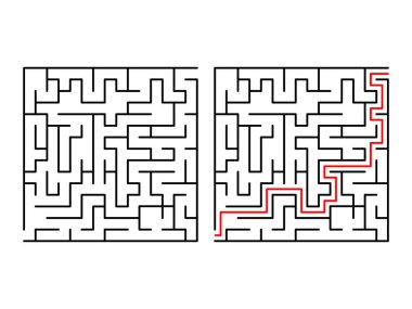 Labirent mantık oyunu seti. Kırmızı çizgi ipucu ile labirent meydan okuma. Doğru yolu bul. Çocuk kitapları ve dergileri için kare yapboz. Beyaz arkaplanda izole edilmiş vektör. 