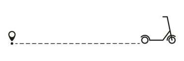 Çizgi başlangıç noktası olan scooter simgesi. Eko scooter harita iğnesiyle noktalı yolda gidiyor. Vektör beyazda izole edildi.