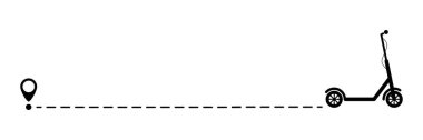 Çizgi başlangıç noktası olan scooter simgesi. Eko scooter harita iğnesiyle noktalı yolda gidiyor. Vektör beyazda izole edildi.