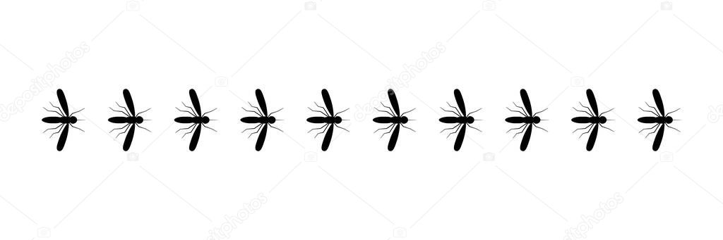 Mosquito malaria trail. Line of flying mosquitoes outline insects. Vector illustration isolated on white.