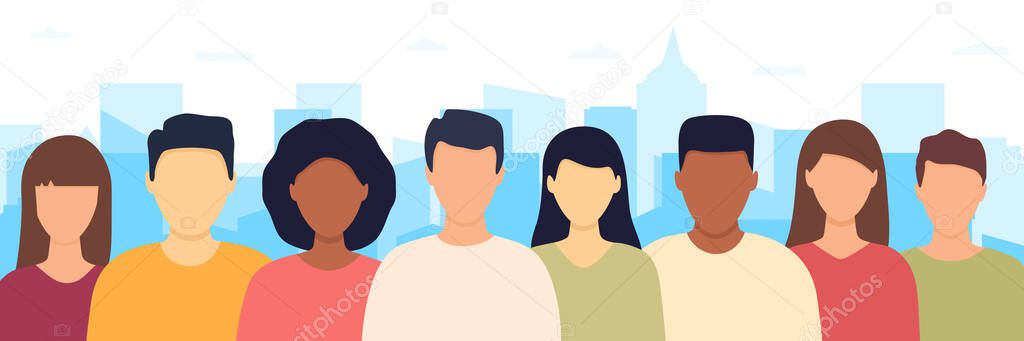 Different people crowd standing in city. Male and female civil in town. Human population. Urban life. Vector illustration.