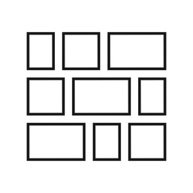 Siyah fotoğraf çerçeveleri kolajı. Duvarda gerçekçi boş çerçeve modeli var. Resim elemanları koleksiyonu. Vektör beyazda izole edildi.