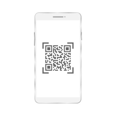 QR kodlu akıllı telefon. Gerçekçi siyah telefon barkod taraması. Vektör beyazda izole edildi.