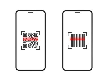 Smartphone with scan QR code and barcode set. Realistic black phone scanning bar code. Vector isolated on white. clipart