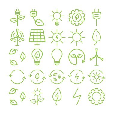 Yenilenebilir enerji ikonu ayarlandı. ECO yeşil enerji tahsilatı. Vektör illüstrasyonu beyazda izole edildi.