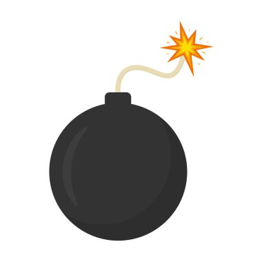 Yanan fitili olan bomba. Dinamit topunun düz elementi. Patlama etkisi. Vektör beyazda izole edildi.